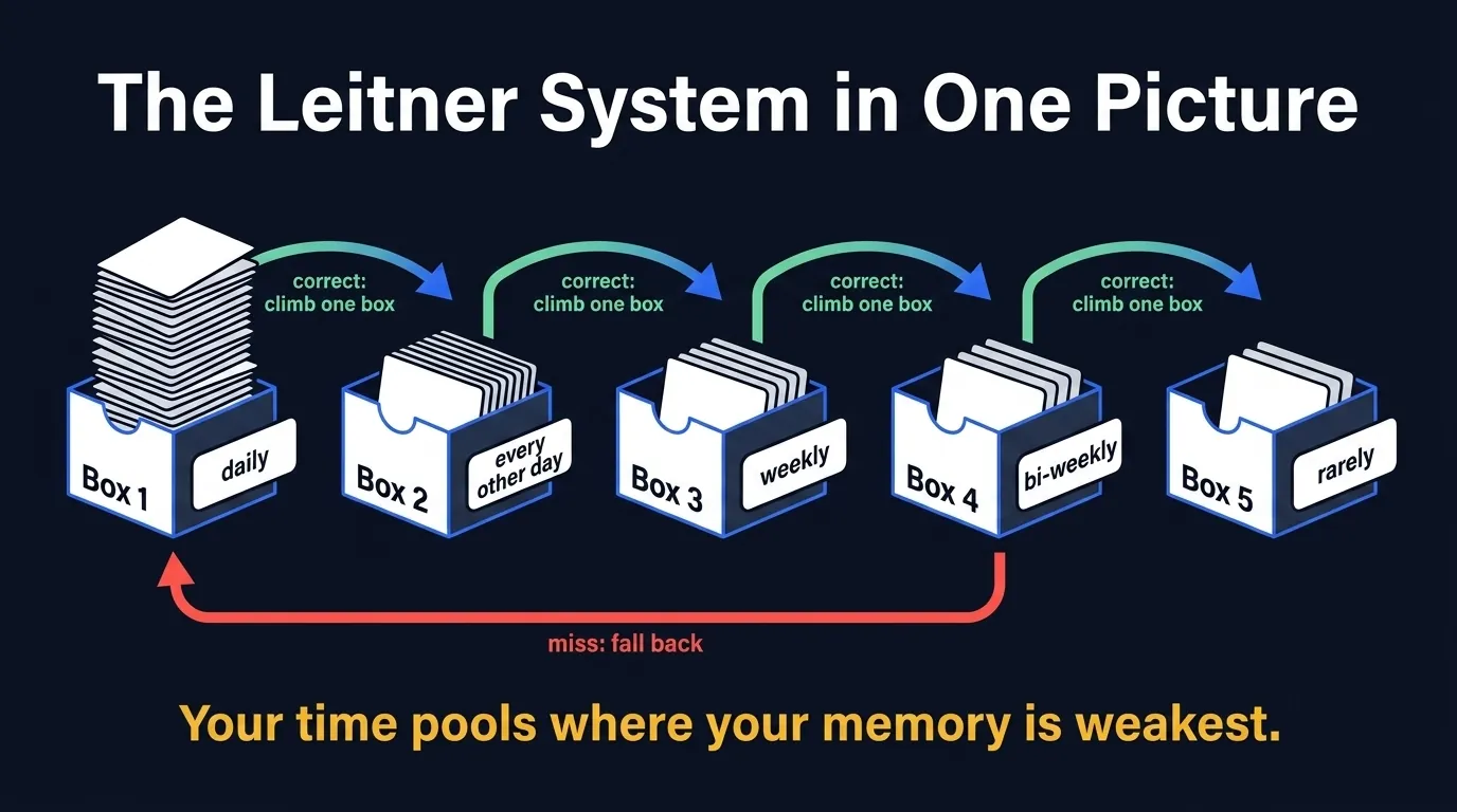 Leitner system diagram: five numbered boxes where correct cards climb one box toward rarer review and missed cards fall back, sorting study time toward the weakest material