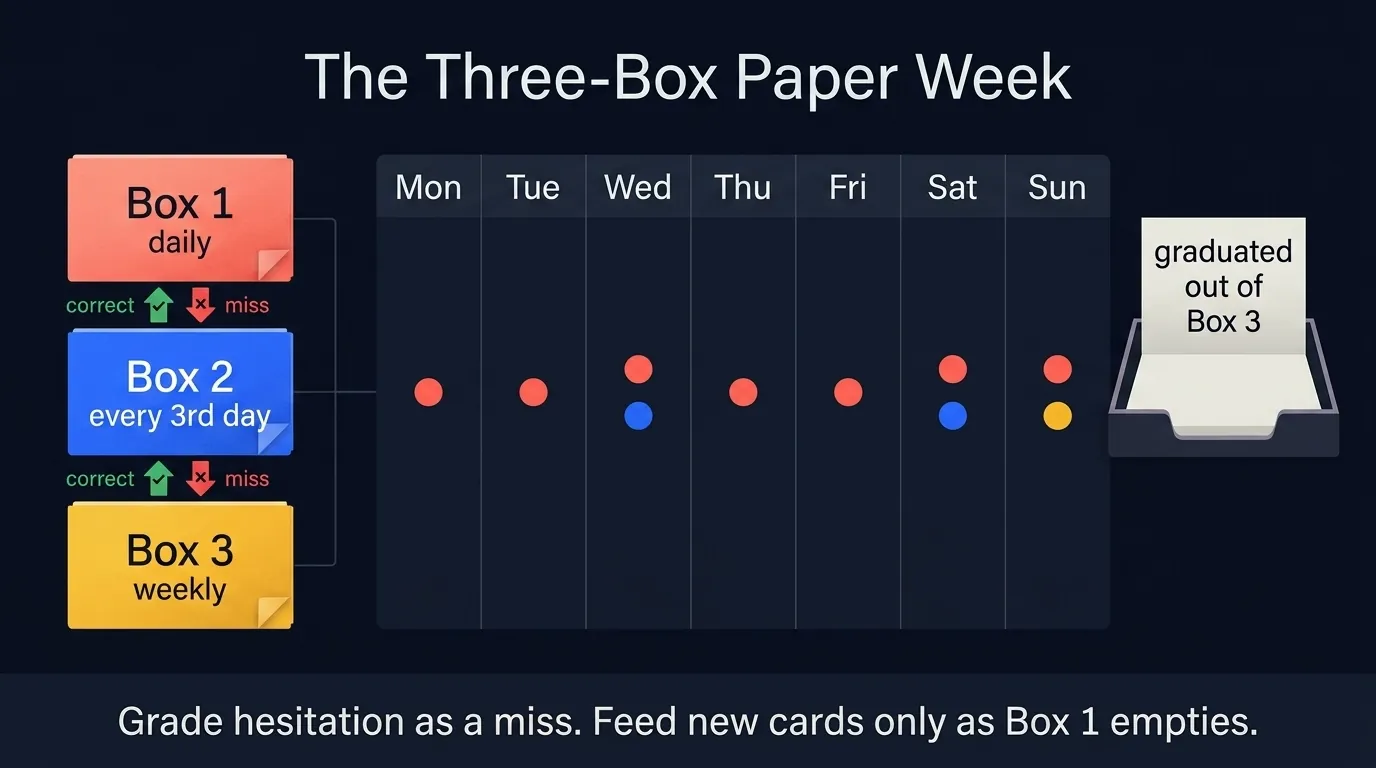 Three-box paper Leitner setup on a weekly calendar: Box 1 reviewed daily, Box 2 every three days, Box 3 weekly, with promotion on correct answers and demotion on misses