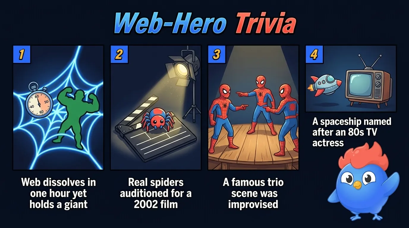 Spider-Man Universe trivia: Peter Parker's synthetic web dissolves in exactly one hour yet is strong enough to hold the Hulk, real spiders auditioned for the 2002 film's bite scene, the No Way Home three-Spider-Man scene was heavily improvised, and the Milano ship is named after actress Alyssa Milano
