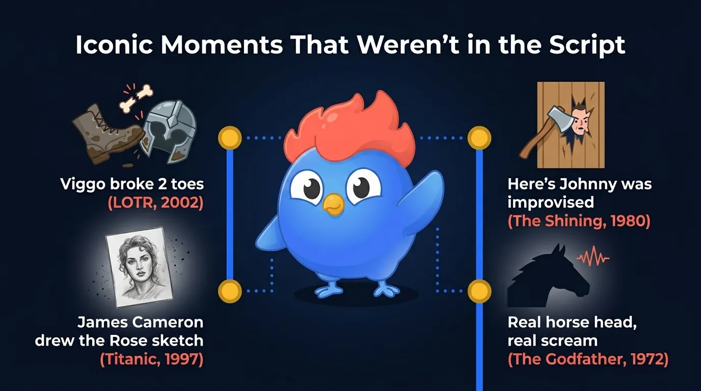 Timeline of famous behind-the-scenes movie moments: improvised lines, real injuries, and production secrets from The Shining, LOTR, Titanic, and The Godfather