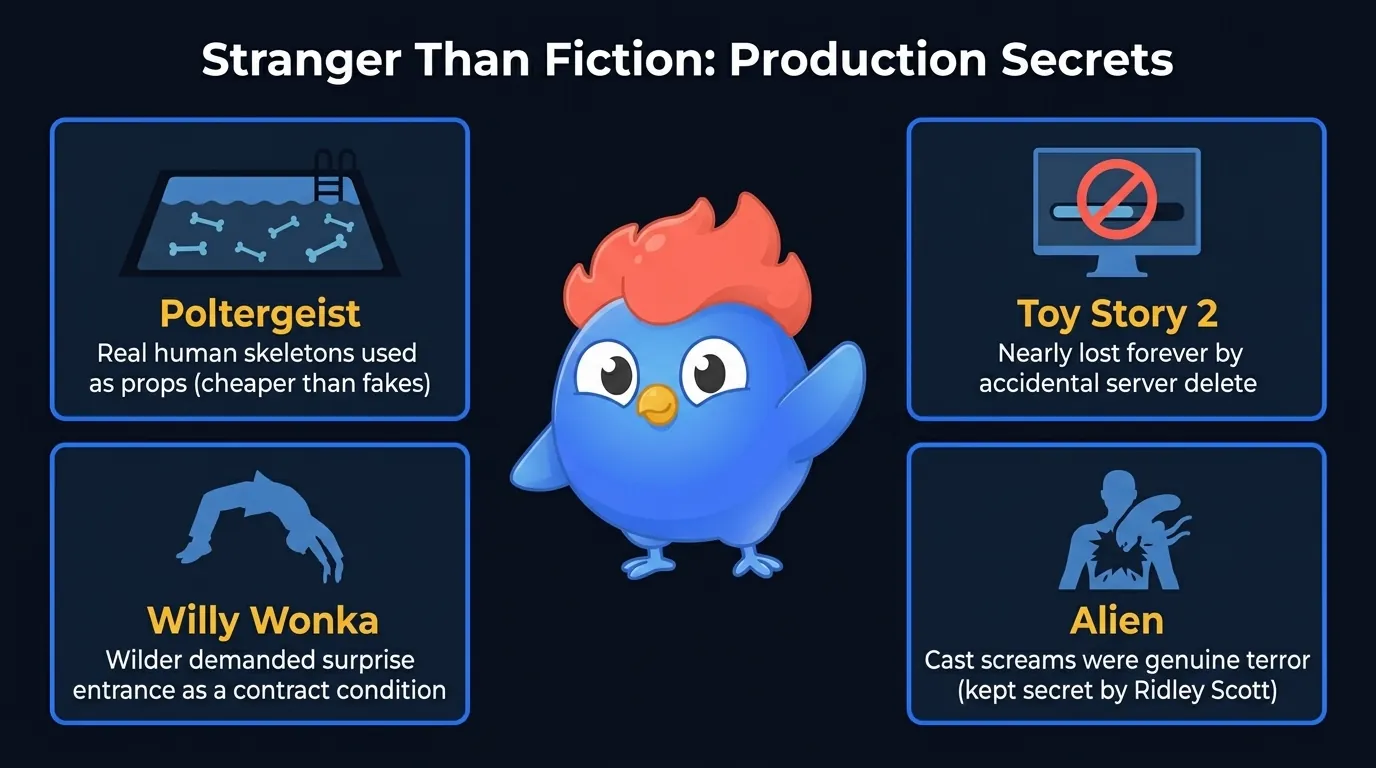 Production secrets infographic: Poltergeist used real human skeletons, Toy Story 2 nearly lost to accidental deletion, Gene Wilder demanded surprise Wonka entrance, Alien cast screams were genuine