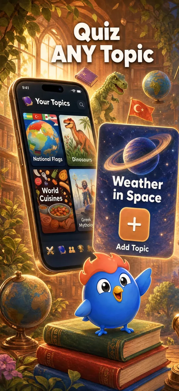 LearnClash 1.6.2 store screenshot: quiz any topic, with custom topics like National Flags and Dinosaurs and the Add Topic card.