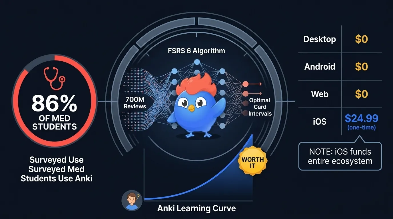 Anki infographic: FSRS 6 algorithm trained on 700 million reviews, 86% of medical students use it, free on desktop and Android, $24.99 one-time on iOS