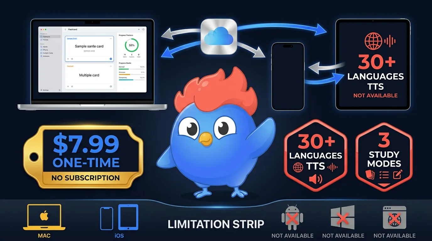 Flashcard Hero Apple ecosystem: native Mac and iOS app, iCloud sync, $7.99 one-time purchase, no Android or web support