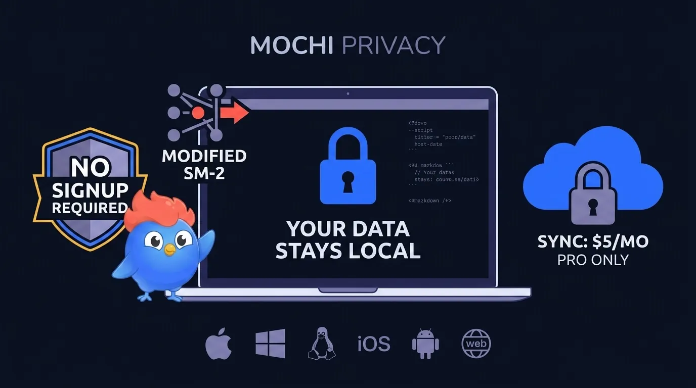 Mochi local-first privacy: data stays on your computer, no signup required, cloud sync available for $5 per month Pro tier