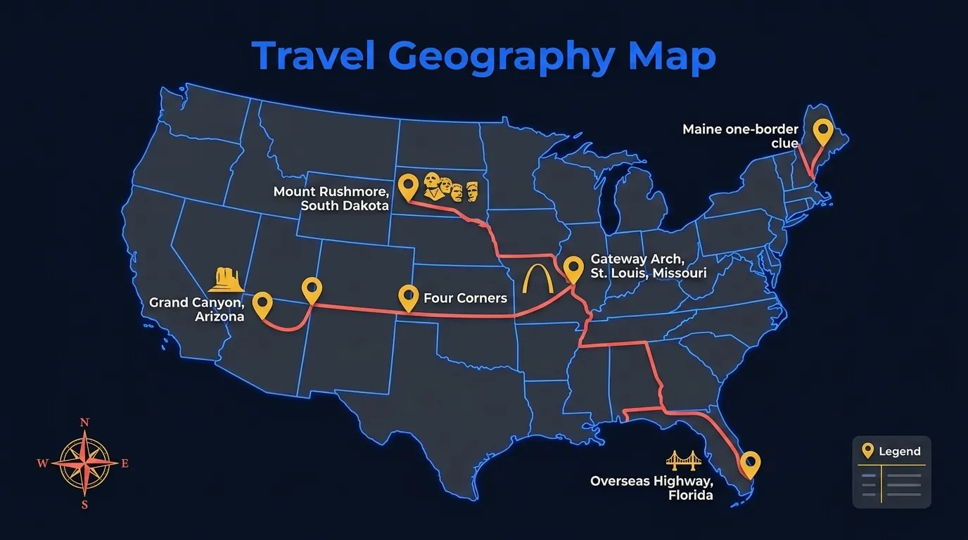 12 travel geography trivia questions mapped to Grand Canyon, Mount Rushmore, Gateway Arch, Maine, Four Corners, and the Overseas Highway