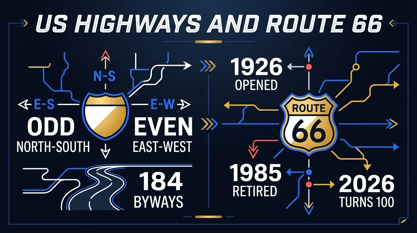13 US highway and Route 66 trivia facts with 1926, 1985, 8 states, Interstate odd-even rules, and 184 America's Byways