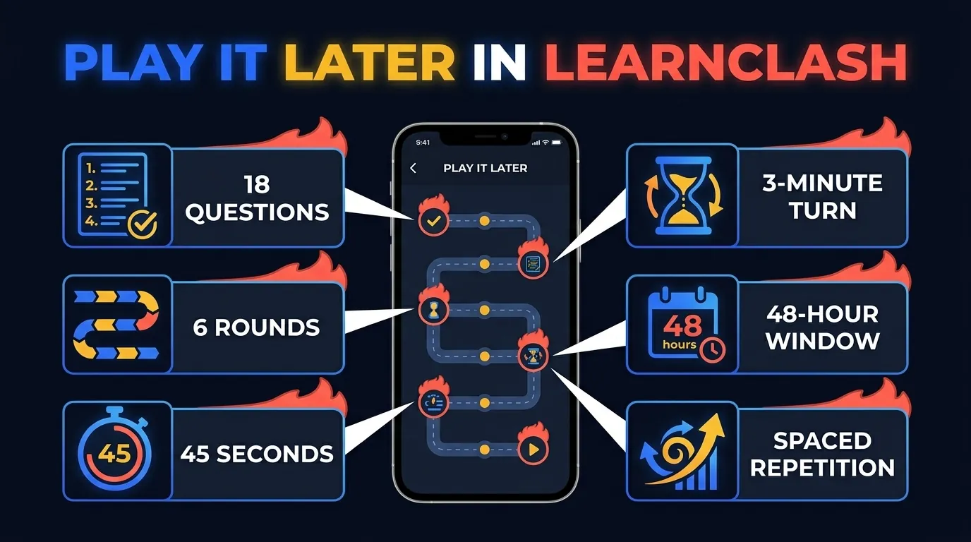 LearnClash road trip duel flow showing 18 questions, 6 rounds, 45 seconds per question, 3-minute turn, 48-hour async window, and spaced repetition