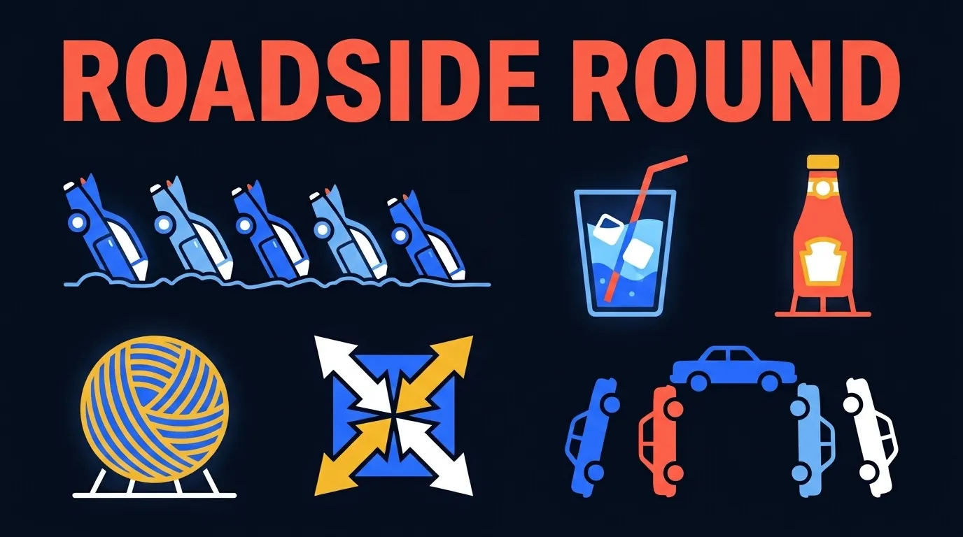 12 roadside attraction trivia cards including Cadillac Ranch, Wall Drug, catsup bottle, ball of twine, Corn Palace, Four Corners, and Carhenge
