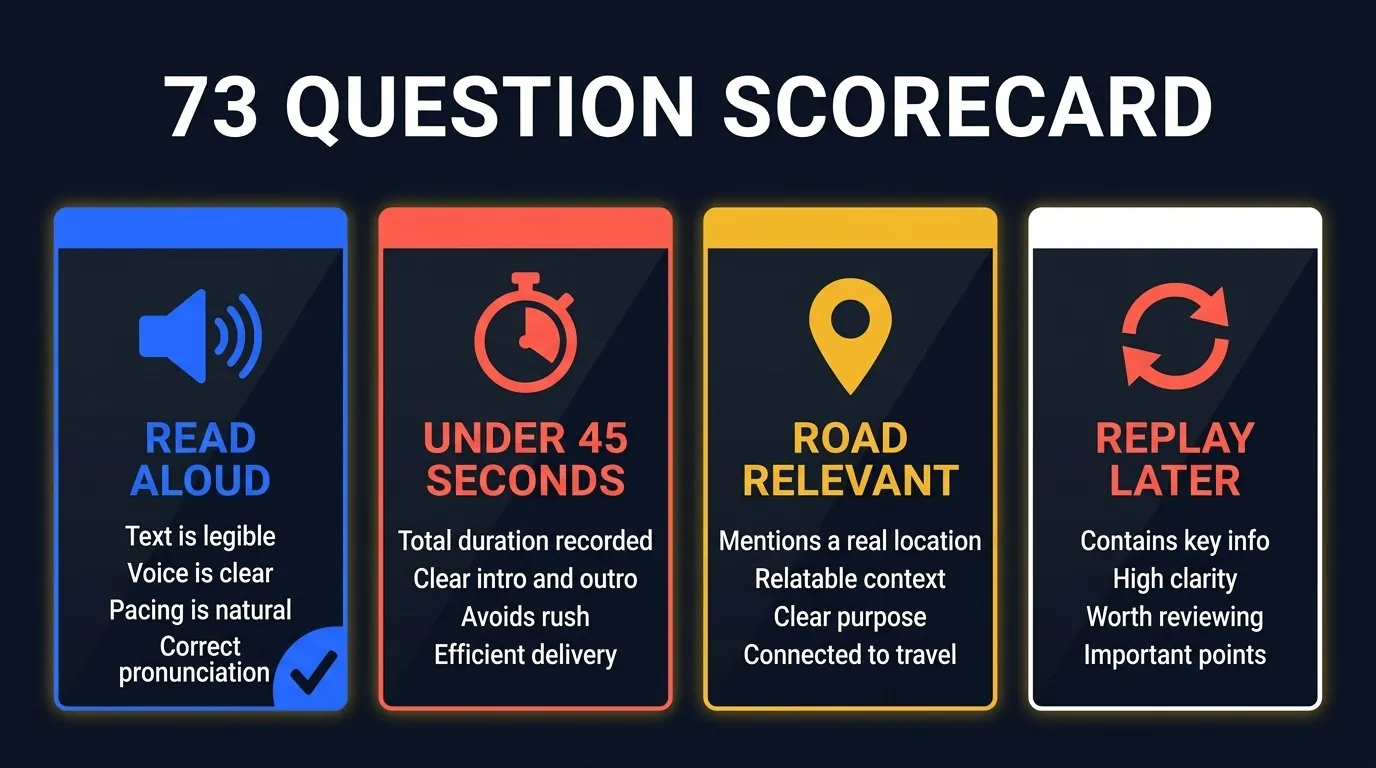 LearnClash road trip trivia scorecard with 73 prompts sorted by safety, answer speed, window relevance, and replay value