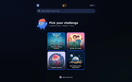 LearnClash new tab extension showing 4 random quiz topics to choose from