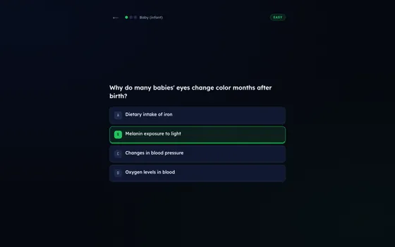 Quiz question screen showing a correct answer highlighted in green