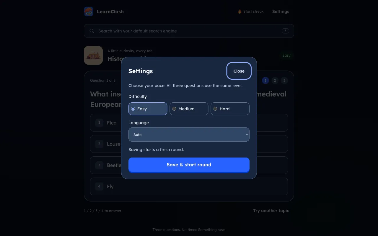 LearnClash settings with Easy, Medium, Hard, and language choices