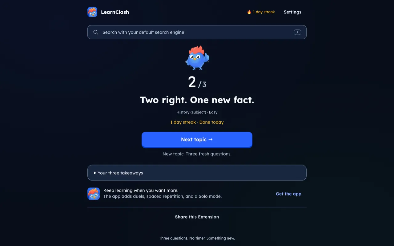 Three-question quiz results with a Next topic button and answer review