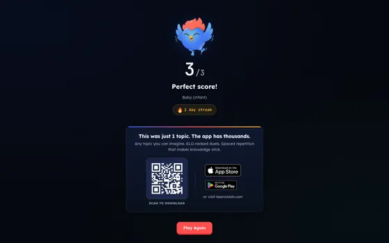 Results screen showing score of 2 out of 3 with app download CTA and QR code
