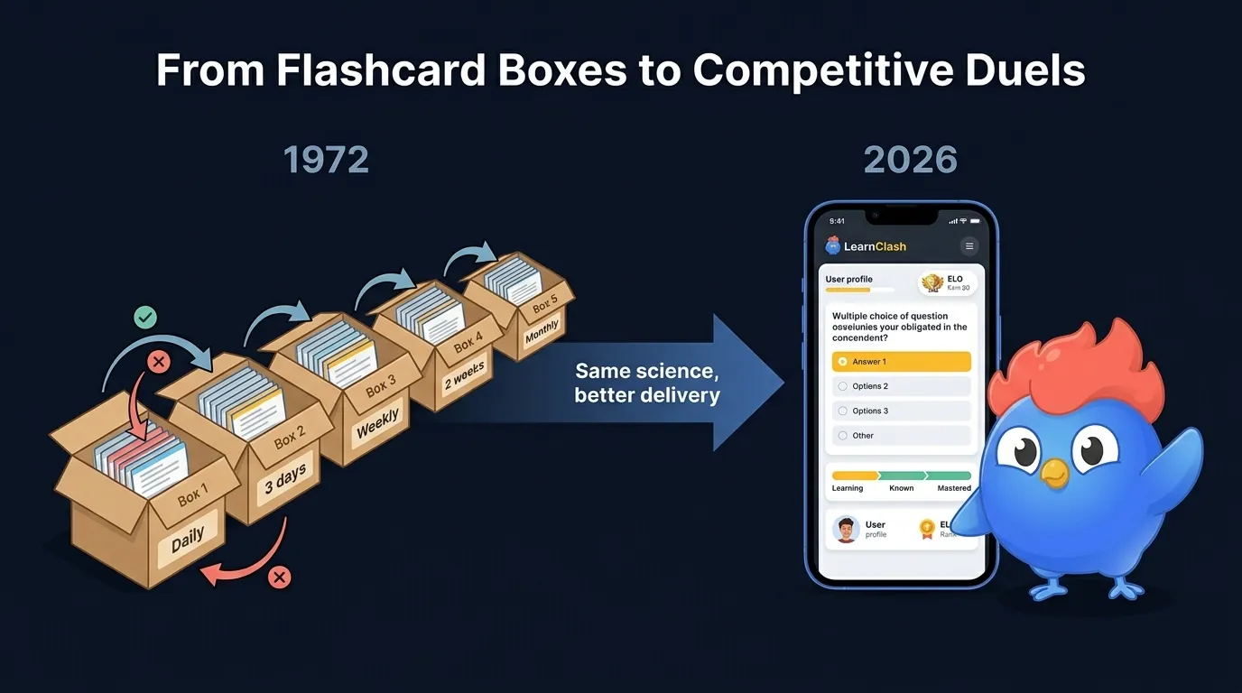 Leitner system evolution: 1972 physical flashcard boxes with manual scheduling to LearnClash digital SRS with algorithm-calculated intervals per question and competitive ELO-ranked duels