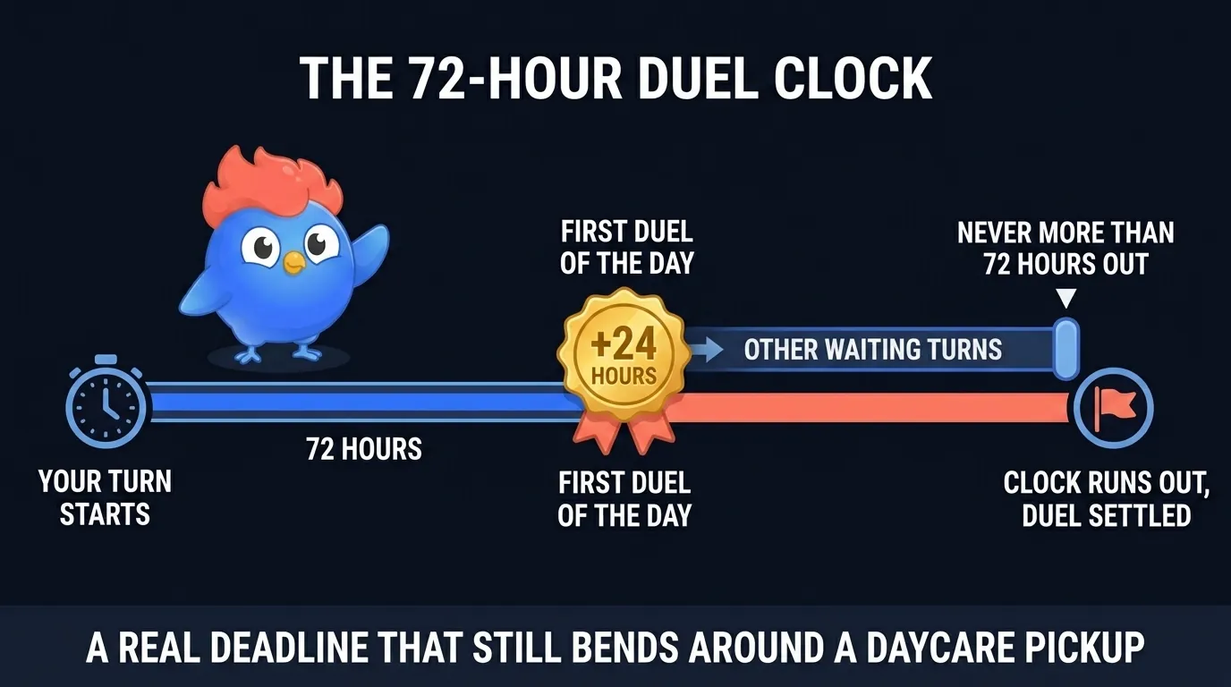 Timeline of the LearnClash 72-hour duel clock: your turn starts, the first duel of the day adds 24 hours to other waiting turns, never more than 72 hours out, and the duel is settled when the clock runs out