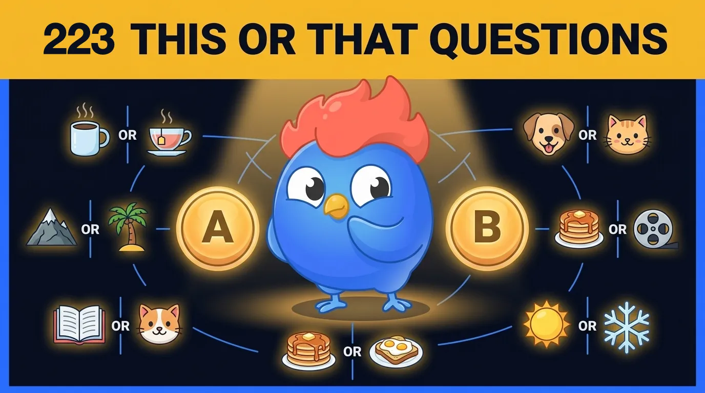 223 this or that questions: the LearnClash mascot between an A coin and a B coin, ringed by icon pairs such as coffee or tea, dog or cat, mountains or beach, and pancakes or eggs
