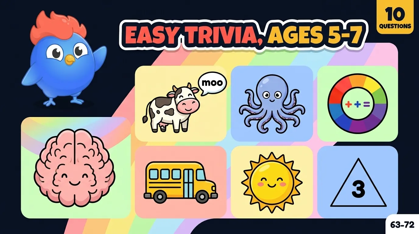 10 easy trivia questions for young kids ages 5-7 illustration: what color is grass, how many legs does a spider have, what shape has 3 sides, what animal says moo, how many days in a week, what's the opposite of hot, and what's the first letter of the alphabet