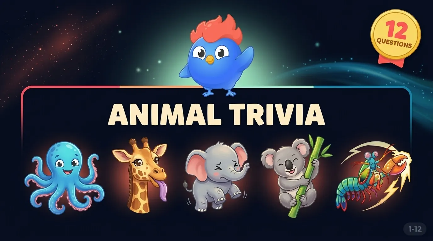12 animal trivia facts for kids: octopuses have 3 hearts, koalas' fingerprints match humans, elephants can't jump, wood frogs freeze solid in winter, mantis shrimp strike at 50 mph, giraffe tongues are purple, sloths digest food for a month, and pandas eat 14 hours daily