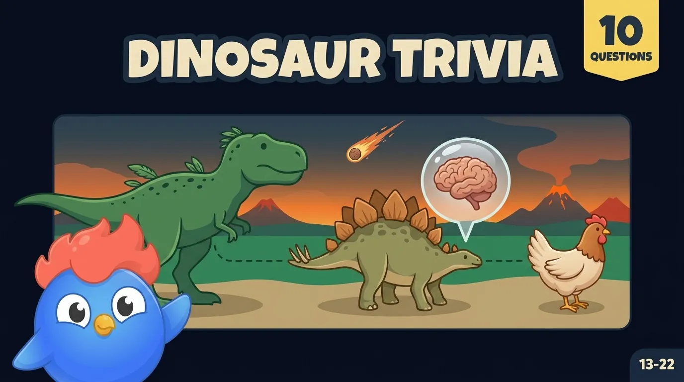 10 dinosaur trivia facts: T-Rex had feathers, stegosaurus brains were walnut-sized, dinosaurs ruled for 165 million years, chickens are closest T-Rex relatives, Nigersaurus had 500 teeth, Chicxulub asteroid ended the dinosaurs, and Megalosaurus was the first scientifically named dinosaur