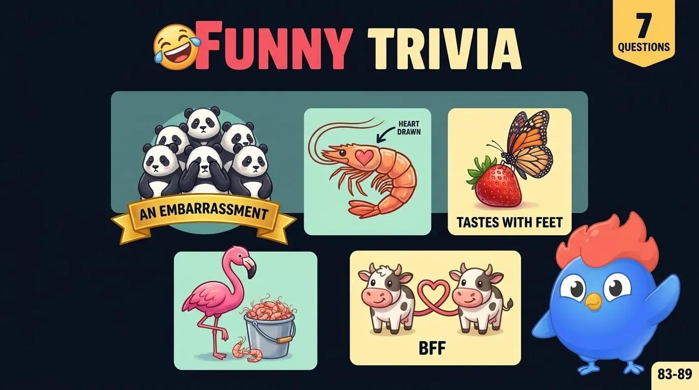 7 funny kid trivia facts: cows have best friends, a group of pandas is called an embarrassment, a shrimp's heart is in its head, butterflies taste with their feet, flamingos eat shrimp to stay pink, rabbits can see behind themselves, and a group of crows is a murder