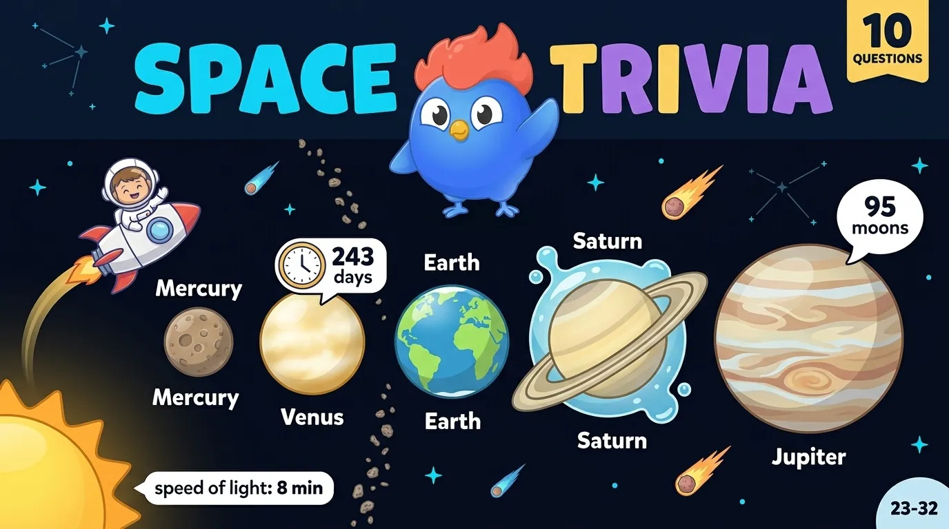 10 space trivia facts: Venus day is longer than its year, Saturn floats in water, Sun is 99.86% of solar system mass, Mercury day is 59 Earth days, light takes 8 minutes to reach Earth from the Sun, Jupiter has 95+ moons, and Neil Armstrong walked on the Moon in 1969