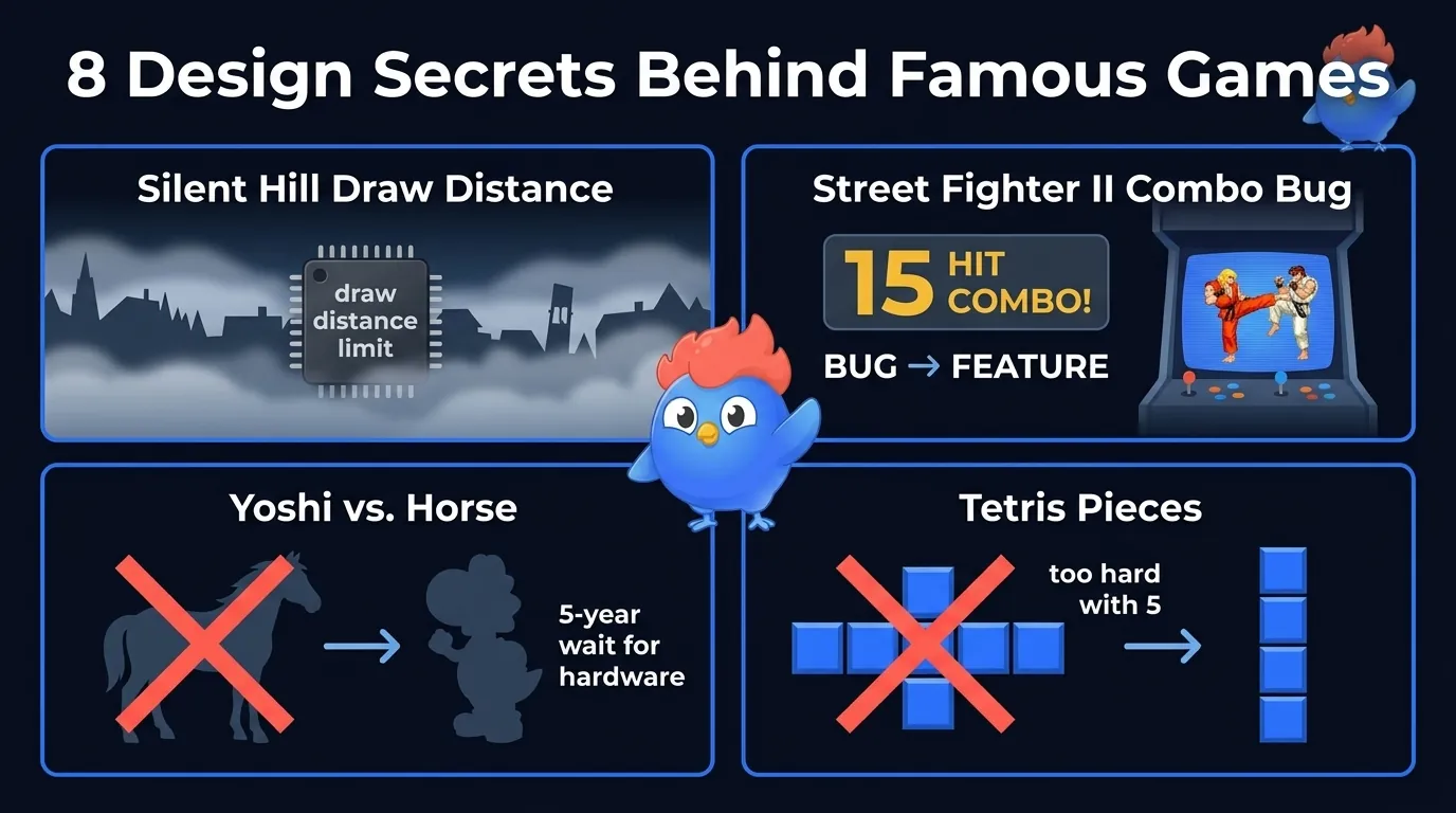 8 design secrets: Silent Hill fog hides PS1 limitation, SF2 combos were a bug, Yoshi replaced a horse, Tetris pieces are simplified math