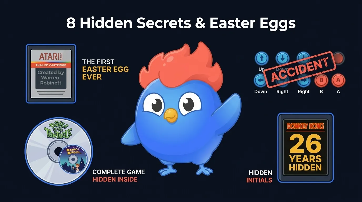 8 easter egg facts: Warren Robinett hid first easter egg in Adventure, Konami Code was an accident, Day of the Tentacle contains entire Maniac Mansion, Donkey Kong initials hidden 26 years